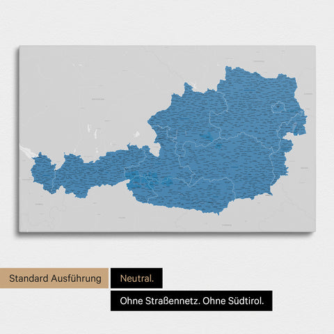 Neutrale und schlichte Standard-Ausführung einer Österreich-Karte als Pinn-Leinwand in Blau