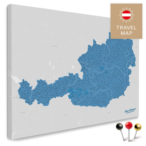 Österreich-Karte in Blau als Pinnwand Leinwand zum Pinnen und Markieren von Reisezielen kaufen