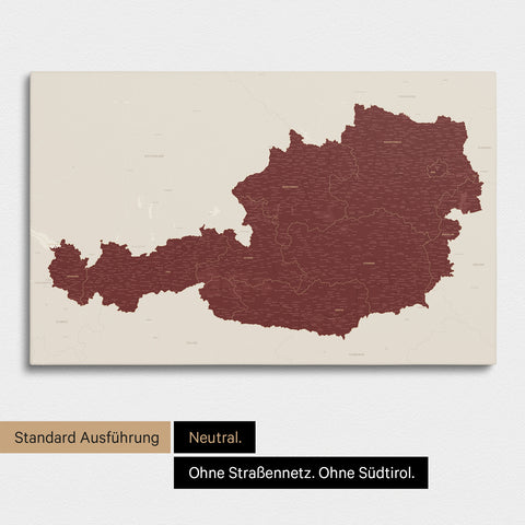 Neutrale und schlichte Standard-Ausführung einer Österreich-Karte als Pinn-Leinwand in Bordeaux Rot