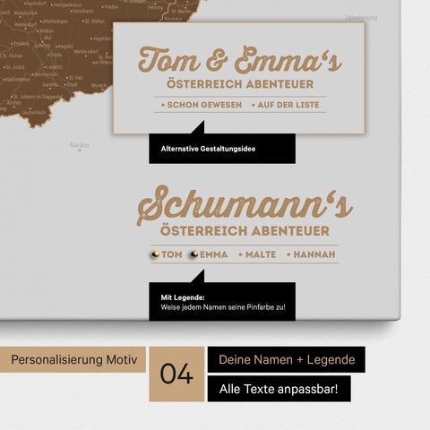 Pinnwand Leinwand einer Österreich-Karte in Braun mit Personalisierung als Logo mit Familiennamen