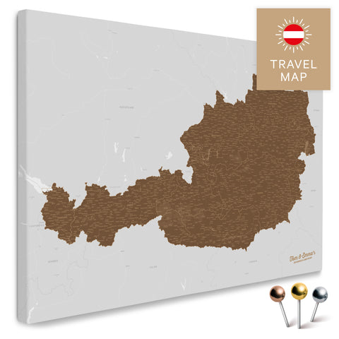 Österreich-Karte in Braun als Pinnwand Leinwand zum Pinnen und Markieren von Reisezielen kaufen