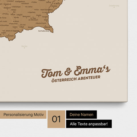 Österreich-Karte als Pinnwand Leinwand in Bronze mit Personalisierung und Eindruck mit deinem Namen
