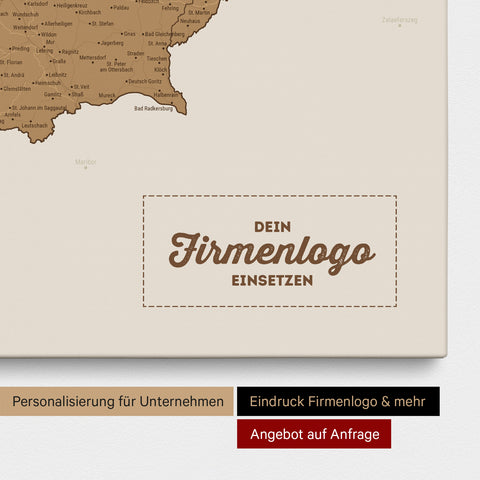 Österreich-Karte als Pinn-Leinwand in Bronze mit Eindruck eines Firmenlogos