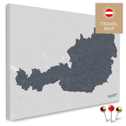 Österreich-Karte in Denim Blue als Pinnwand Leinwand zum Pinnen und Markieren von Reisezielen kaufen