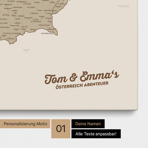 Österreich-Karte als Pinnwand Leinwand in Desert Sand mit Personalisierung und Eindruck mit deinem Namen