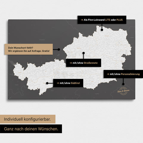 Konfigurationsmöglichkeiten einer Österreich-Landkarte mit Südtirol als Pinn-Leinwand in Dunkelgrau 