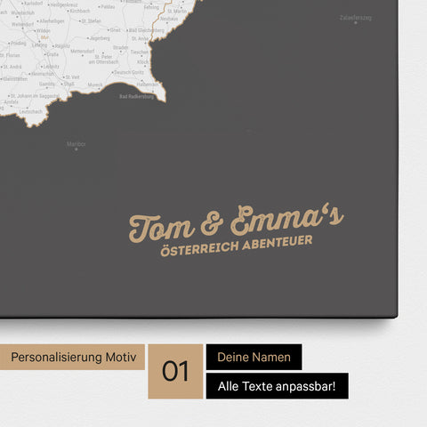 Österreich-Karte als Pinnwand Leinwand in Dunkelgrau mit Personalisierung und Eindruck mit deinem Namen