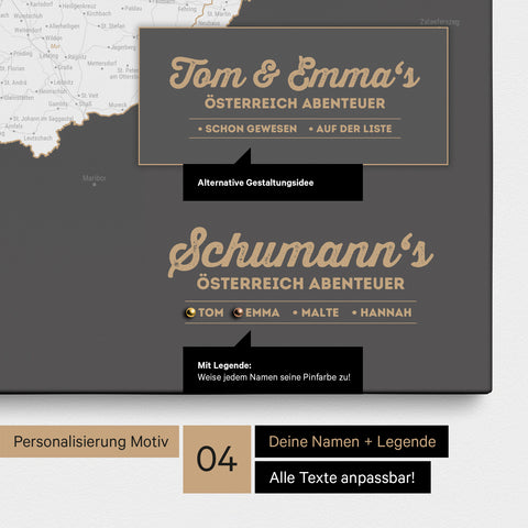 Pinnwand Leinwand einer Österreich-Karte in Dunkelgrau mit Personalisierung als Logo mit Familiennamen