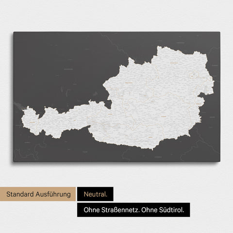 Neutrale und schlichte Standard-Ausführung einer Österreich-Karte als Pinn-Leinwand in Dunkelgrau