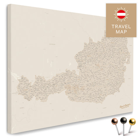Österreich-Karte in Gold als Pinnwand Leinwand zum Pinnen und Markieren von Reisezielen kaufen