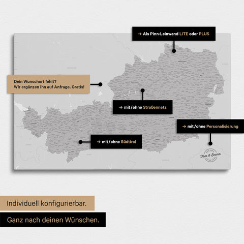 Konfigurationsmöglichkeiten einer Österreich-Landkarte mit Südtirol als Pinn-Leinwand in Hellgrau 
