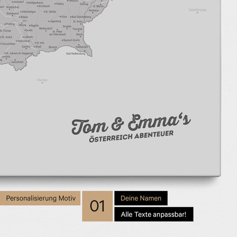 Österreich-Karte als Pinnwand Leinwand in Hellgrau mit Personalisierung und Eindruck mit deinem Namen