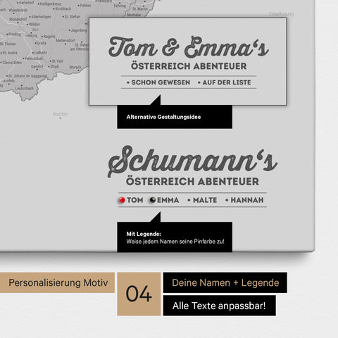 Pinnwand Leinwand einer Österreich-Karte in Hellgrau mit Personalisierung als Logo mit Familiennamen