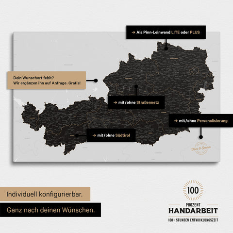 Konfigurationsmöglichkeiten einer Österreich-Landkarte mit Südtirol als Pinn-Leinwand in Light Black 