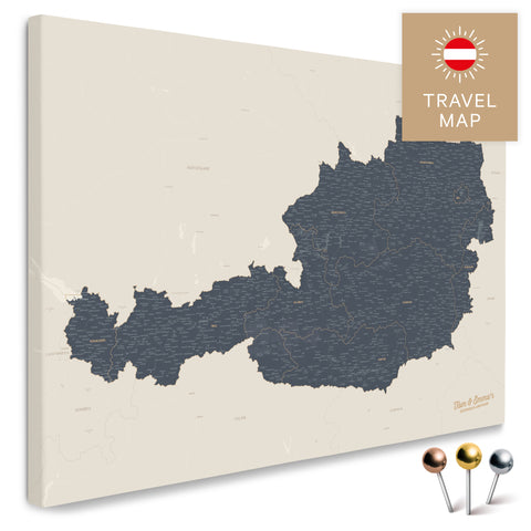 Österreich-Karte in Navy Light als Pinnwand Leinwand zum Pinnen und Markieren von Reisezielen kaufen