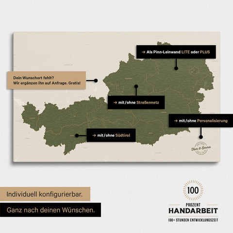 Konfigurationsmöglichkeiten einer Österreich-Landkarte mit Südtirol als Pinn-Leinwand in Olive Green 