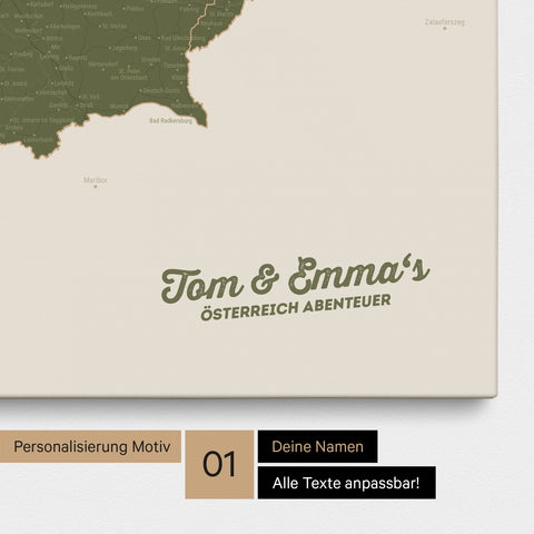 Österreich-Karte als Pinnwand Leinwand in Olive Green mit Personalisierung und Eindruck mit deinem Namen
