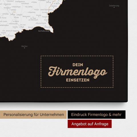 Österreich-Karte als Pinn-Leinwand in Schwarz-Weiß mit Eindruck eines Firmenlogos