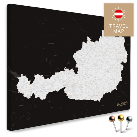 Österreich-Karte in Schwarz-Weiß als Pinnwand Leinwand zum Pinnen und Markieren von Reisezielen kaufen