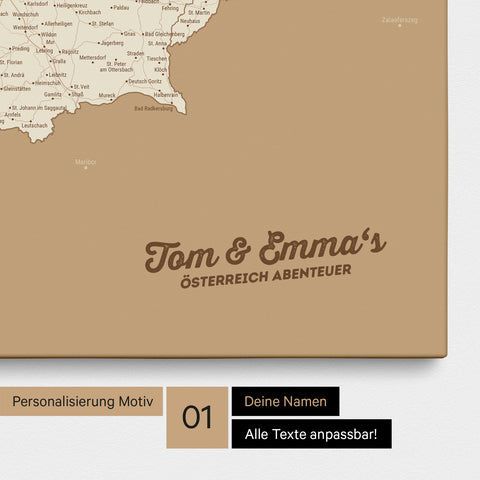 Österreich-Karte als Pinnwand Leinwand in Treasure Gold mit Personalisierung und Eindruck mit deinem Namen