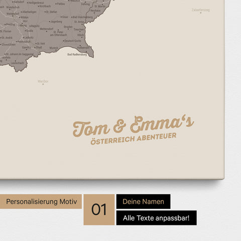 Österreich-Karte als Pinnwand Leinwand in Warmgray (Braun-Grau) mit Personalisierung und Eindruck mit deinem Namen