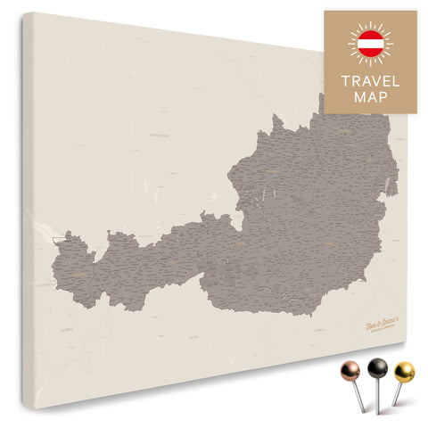 Österreich-Karte in Warmgray (Braun-Grau) als Pinnwand Leinwand zum Pinnen und Markieren von Reisezielen kaufen