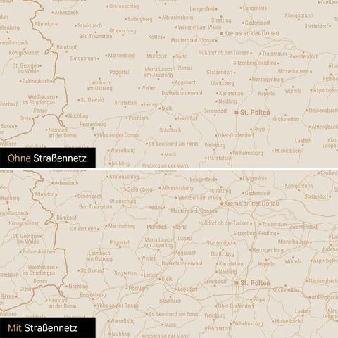 Vergleich einer Österreich-Karte mit und ohne Straßennetz