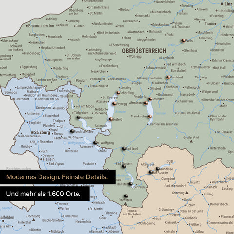 Ausschnitte einer politischen Österreichkarte mit dem Salzkammergut und der Steiermark als Pinn-Leinwand in Multicolor Atlas mit 1.600 Orten