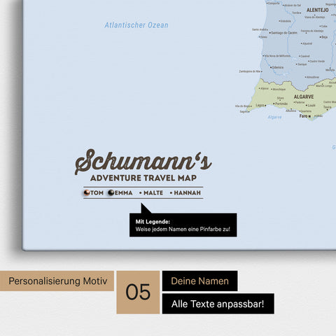 Politische Spanien- & Portugal-Karte als Leinwand mit Personalisierung als Logo mit Familiennamen und Legende für Orte, die man bereits besucht hat und noch besuchen möchte