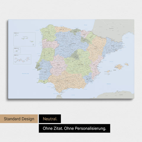 Neutrale Standard Ausführung der detaillierten politischen Spanien- & Portugal-Karte als Pinnwand Leinwand ohne Personalisierung