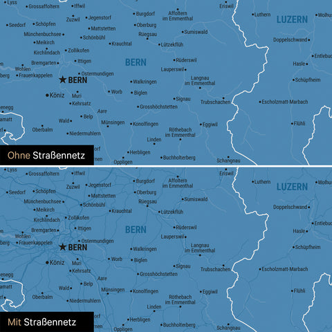 Schweiz-Karte Leinwand in Blau wahlweise mit oder ohne Straßennetz