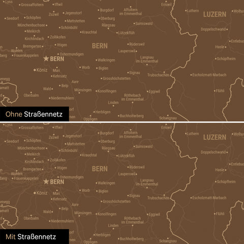 Schweiz-Karte Leinwand in Braun wahlweise mit oder ohne Straßennetz