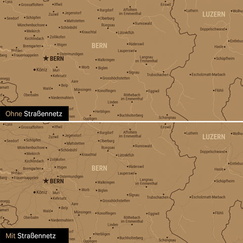 Schweiz-Karte Leinwand in Bronze wahlweise mit oder ohne Straßennetz