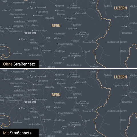 Schweiz-Karte Leinwand in Denim Blue wahlweise mit oder ohne Straßennetz