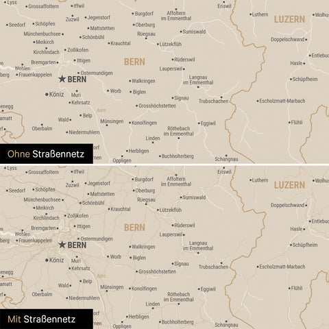 Schweiz-Karte Leinwand in Gold wahlweise mit oder ohne Straßennetz