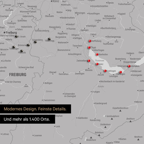 Ausschnitte einer Schweizkarte in der Region Freiburg und Thunersee als Pinn-Leinwand in Hellgrau mit 1.400 Orten