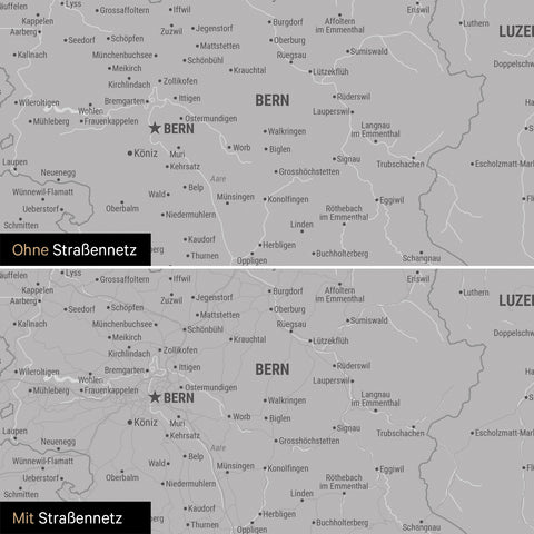 Schweiz-Karte Leinwand in Hellgrau wahlweise mit oder ohne Straßennetz