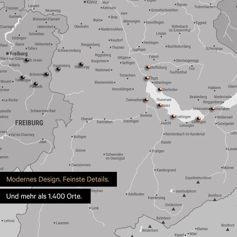 Ausschnitte einer Schweizkarte in der Region Freiburg und Thunersee als Pinn-Leinwand in Multicolor Grau mit 1.400 Orten