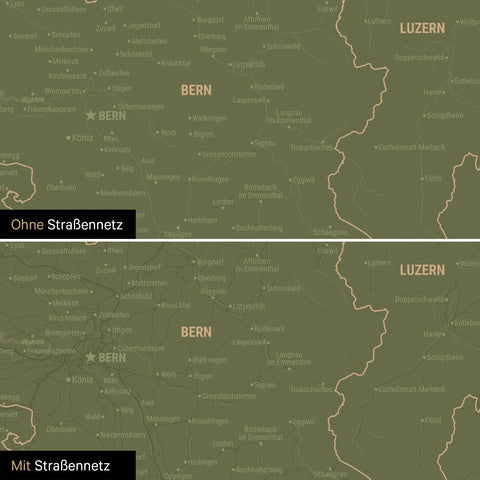 Schweiz-Karte Leinwand in Olive Green wahlweise mit oder ohne Straßennetz