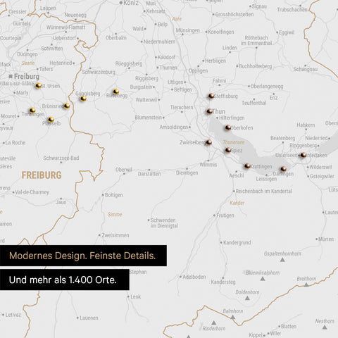 Ausschnitte einer Schweizkarte in der Region Freiburg und Thunersee als Pinn-Leinwand in Schwarz-Weiß mit 1.400 Orten