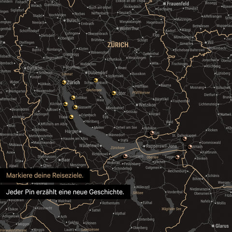 Detail einer Schweiz-Karte als Pinn-Leinwand in Light Black mit Pins rund um Zürich