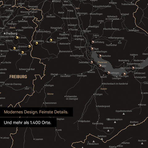 Ausschnitte einer Schweizkarte in der Region Freiburg und Thunersee als Pinn-Leinwand in Light Black mit 1.400 Orten