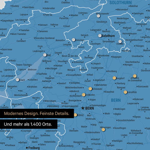 Ausschnitte einer Schweizkarte in der Region Freiburg und Thunersee in Blau mit 1.400 Orten