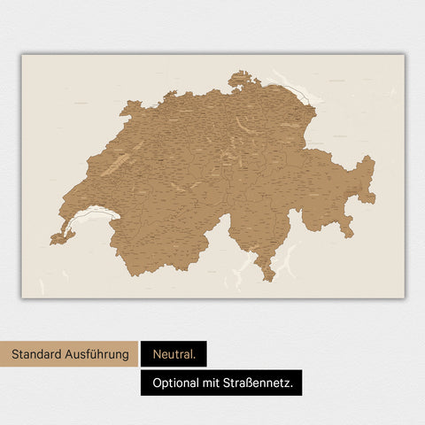 Neutrale und schlichte Ausführung einer magnetischen Schweiz-Karte in Bronze