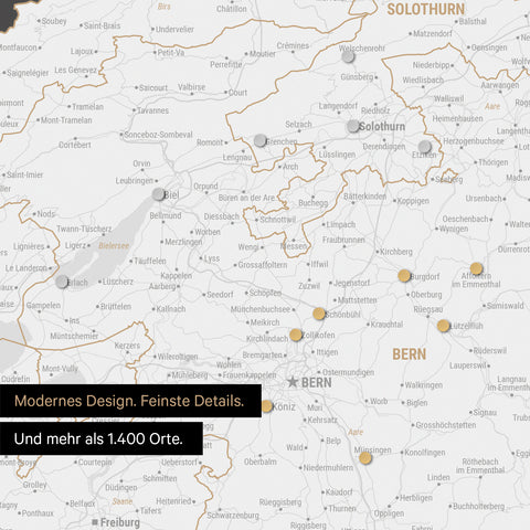 Ausschnitte einer Schweizkarte in der Region Freiburg und Thunersee in Dunkelgrau mit 1.400 Orten