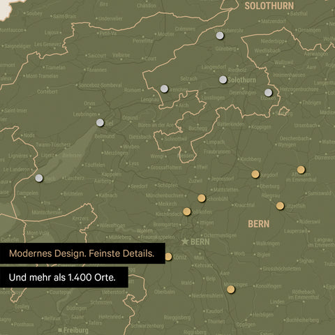 Ausschnitte einer Schweizkarte in der Region Freiburg und Thunersee in Olive Green mit 1.400 Orten