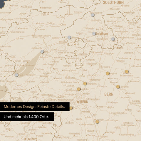 Ausschnitte einer Schweizkarte in der Region Freiburg und Thunersee in Hale Navy (Dunkelblau-Gold) mit 1.400 Orten