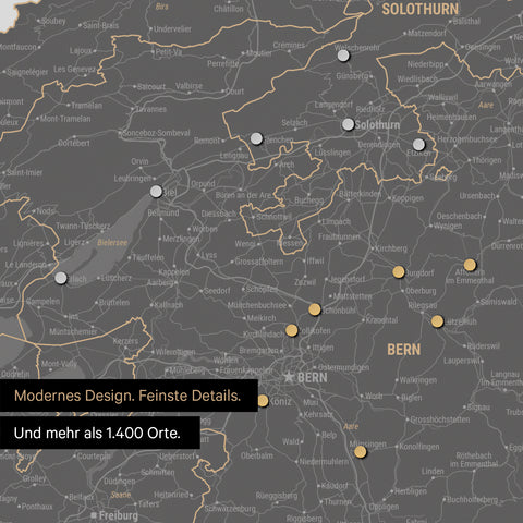 Ausschnitte einer Schweizkarte in der Region Freiburg und Thunersee in Light Gray mit 1.400 Orten