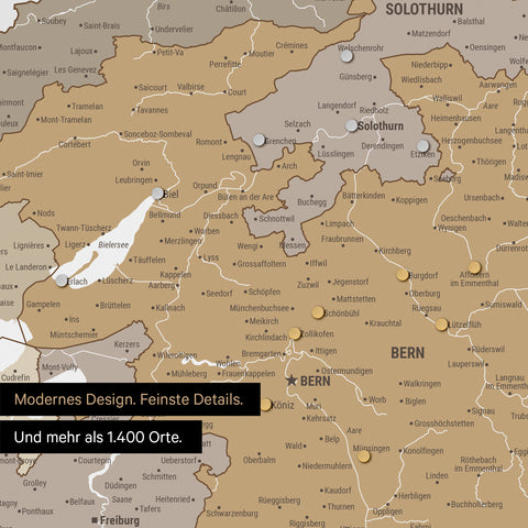 Ausschnitte einer Schweizkarte in der Region Freiburg und Thunersee in Multicolor Beige mit 1.400 Orten