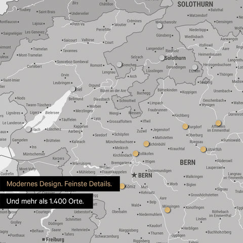 Ausschnitte einer Schweizkarte in der Region Freiburg und Thunersee in Multicolor Grau mit 1.400 Orten